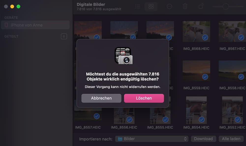 Fotos vom iPhone löschen via Digitale Bilder